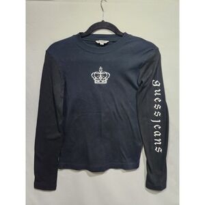 Y2K GUESS JEANS Womens Black Long Sleeve Arm Logo Chest Crown Rhinestone MED LRG